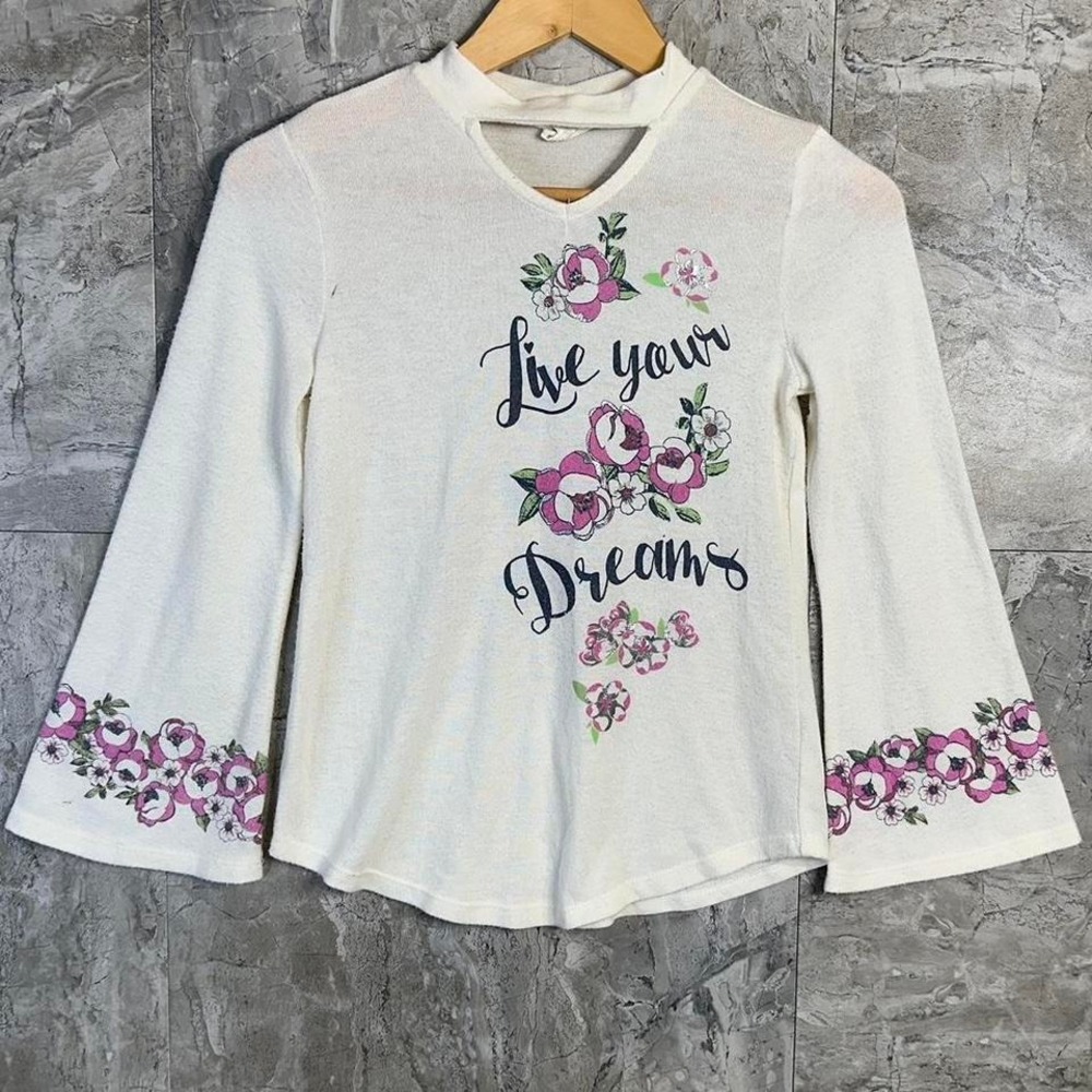 White floral long sleeve top‎ with bell sleeves Kids Medium 7-8 #floral